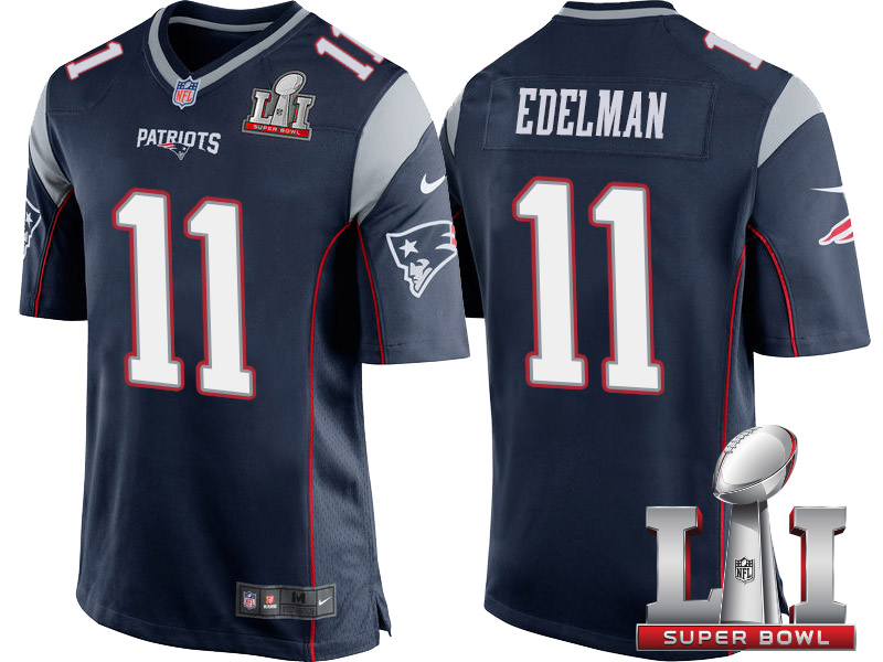 New England Patriots #11 Julian Edelman Navy 2017 Super Bowl LI Patch Game Jersey