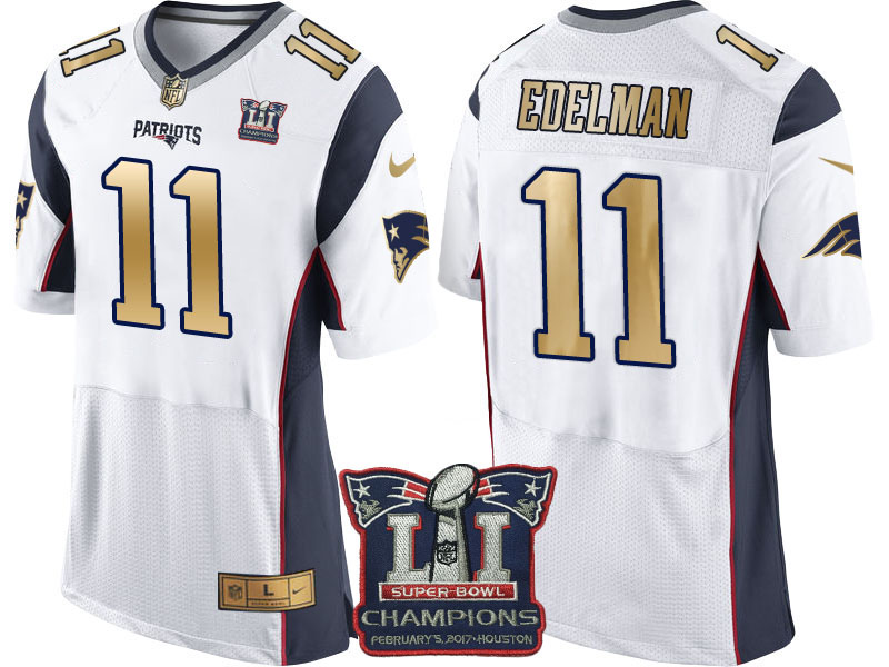 New England Patriots #11 Julian Edelman White Super Bowl LI Champions Gold Elite Jersey