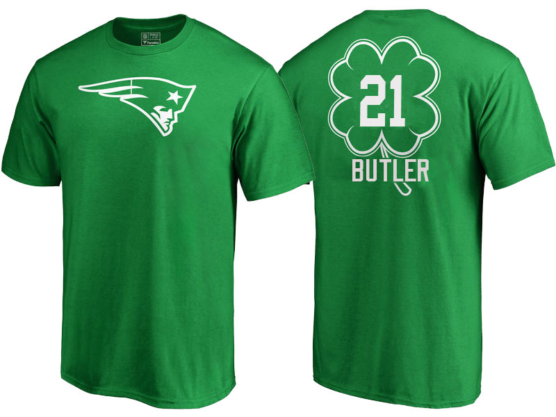 New England Patriots #21 Malcolm Butler Kelly Green St. Patrick's Day Name & Number T-Shirt