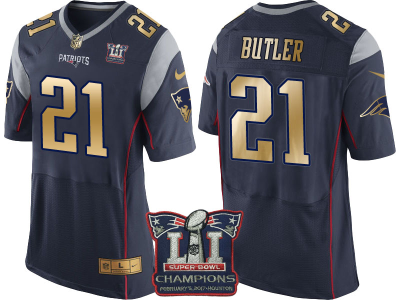 New England Patriots #21 Malcolm Butler Navy Super Bowl LI Champions Gold Elite Jersey