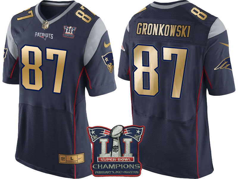 New England Patriots #87 Rob Gronkowski Navy Super Bowl LI Champions Gold Elite Jersey