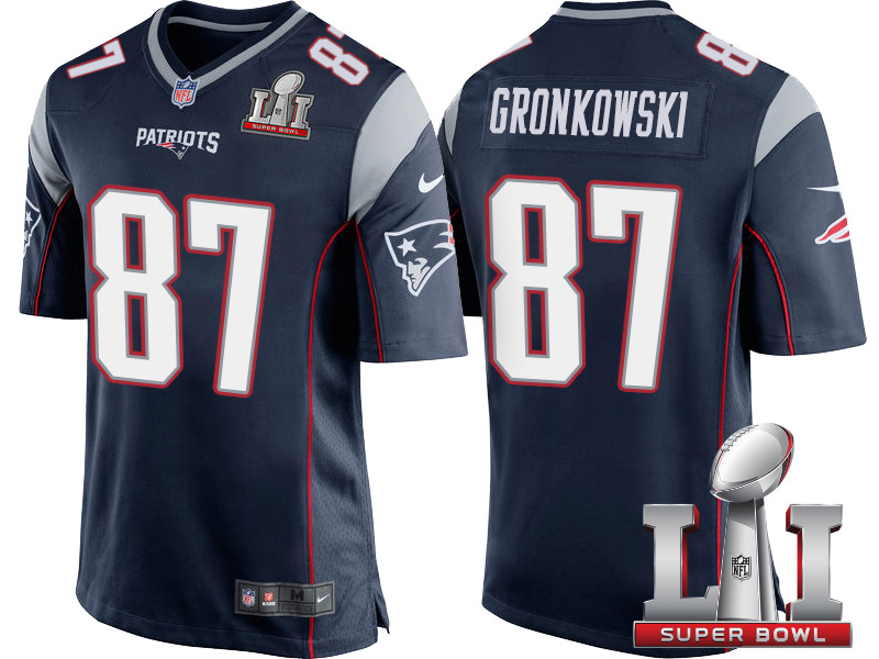 New England Patriots #87 Rob Gronkowski Navy 2017 Super Bowl LI Patch Game Jersey