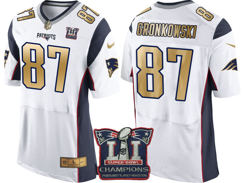 New England Patriots #87 Rob Gronkowski White Super Bowl LI Champions Gold Elite Jersey