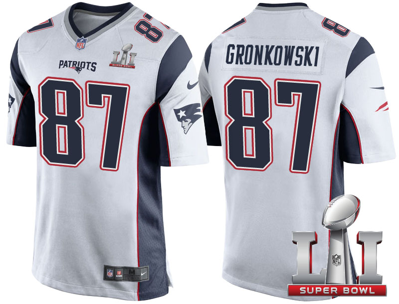 New England Patriots #87 Rob Gronkowski White 2017 Super Bowl LI Patch Game Jersey