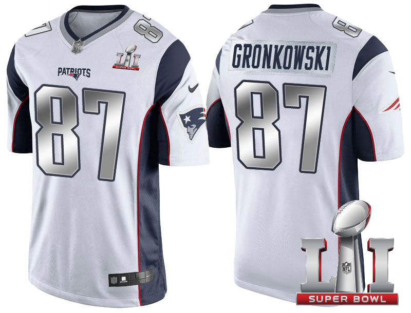 New England Patriots #87 Rob Gronkowski White 2017 Super Bowl 51 Patch Steel Silver Limited Jersey