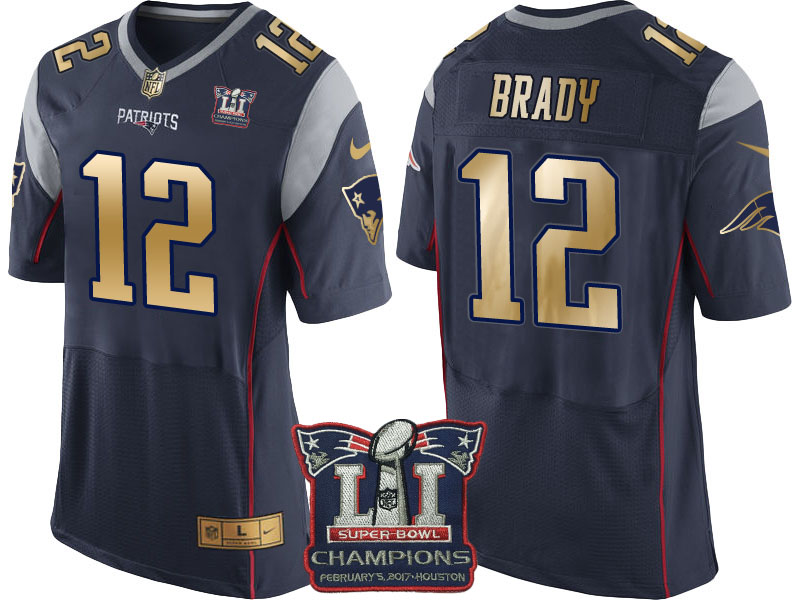 New England Patriots #12 Tom Brady Navy Super Bowl LI Champions Gold Elite Jersey