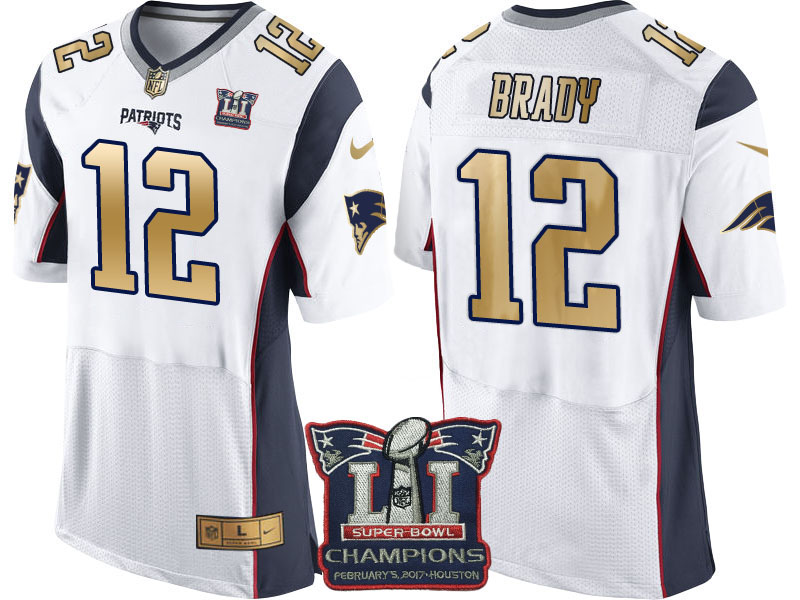 New England Patriots #12 Tom Brady White Super Bowl LI Champions Gold Elite Jersey