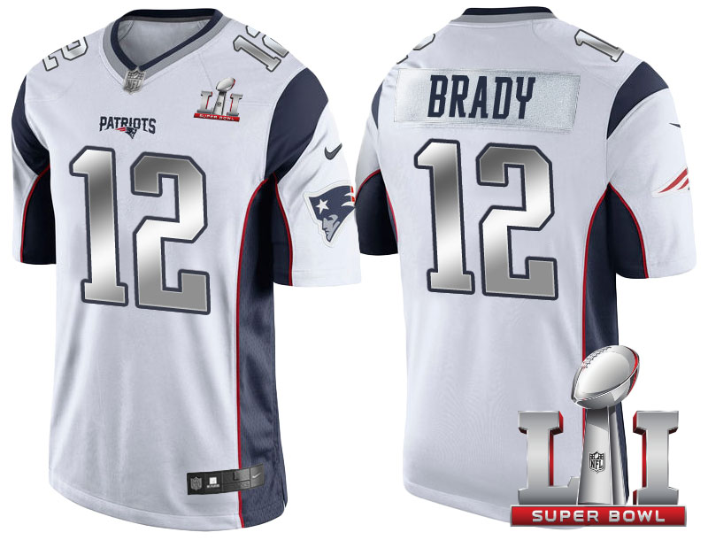 New England Patriots #12 Tom Brady White 2017 Super Bowl 51 Patch Steel Silver Limited Jersey