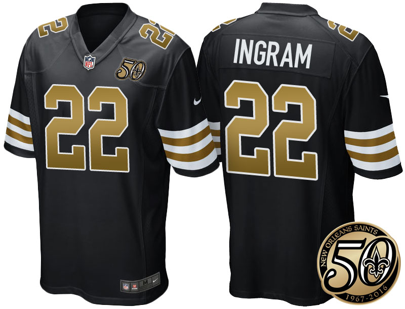 New Orleans Saints #22 Mark Ingram Black 50th Season Patch Alternate Game Jersey