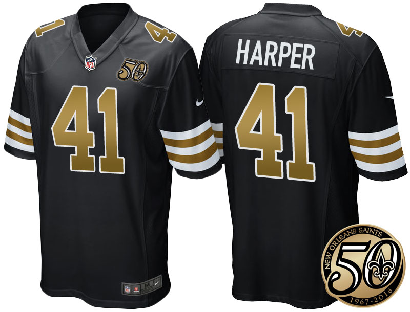 New Orleans Saints #41 Roman Harper Black 50th Season Patch Alternate Game Jersey