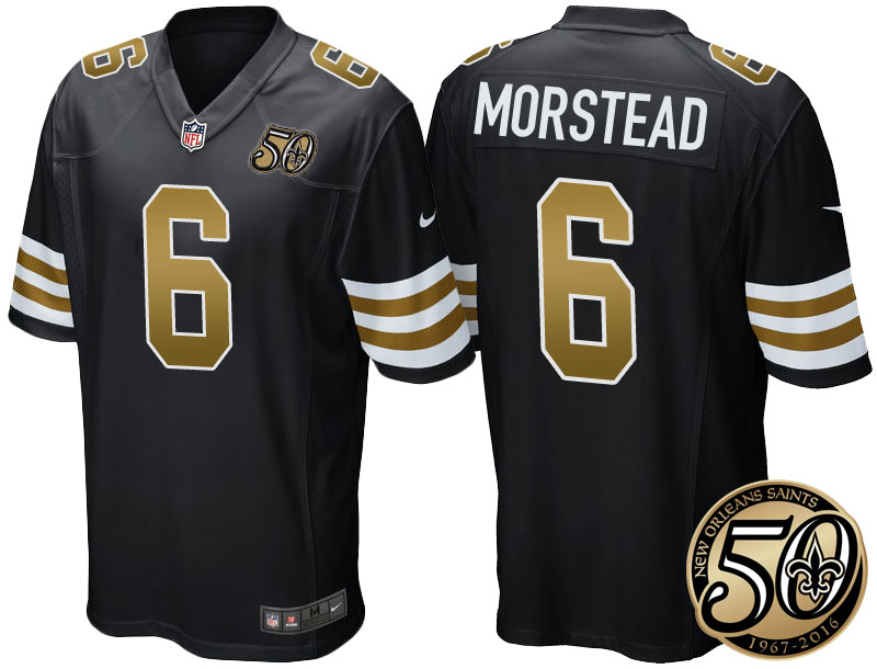 New Orleans Saints #6 Thomas Morstead Black 50th Season Patch Alternate Game Jersey