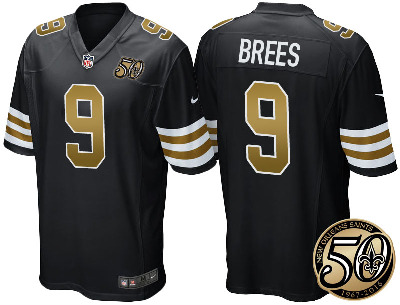 New Orleans Saints #9 Drew Brees Black 50th Season Patch Alternate Game Jersey