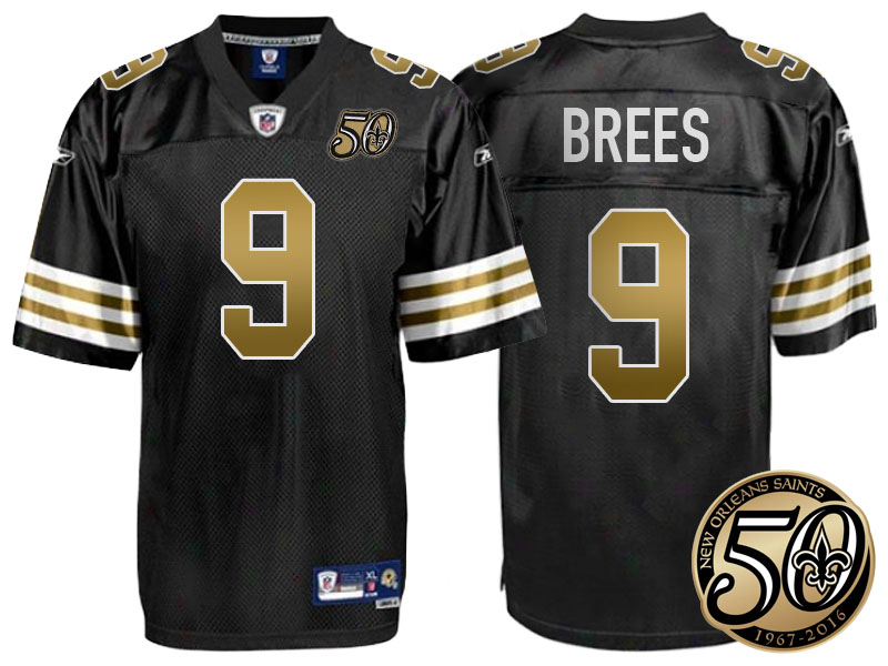 New Orleans Saints #9 Drew Brees Black 50th Season Patch 1960s Throwback Jersey