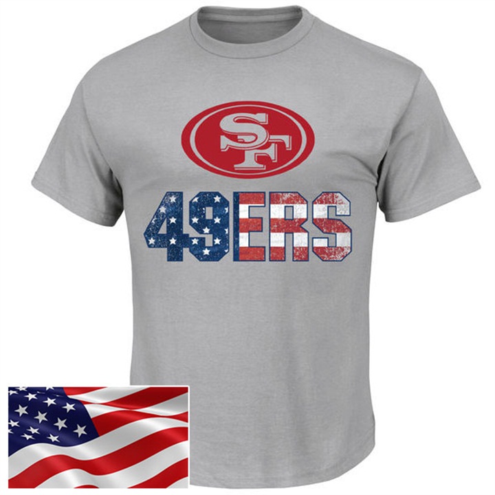 San Francisco 49ers Gray Banner Wave Majestic Independence Day Star & Stripes T-Shirt