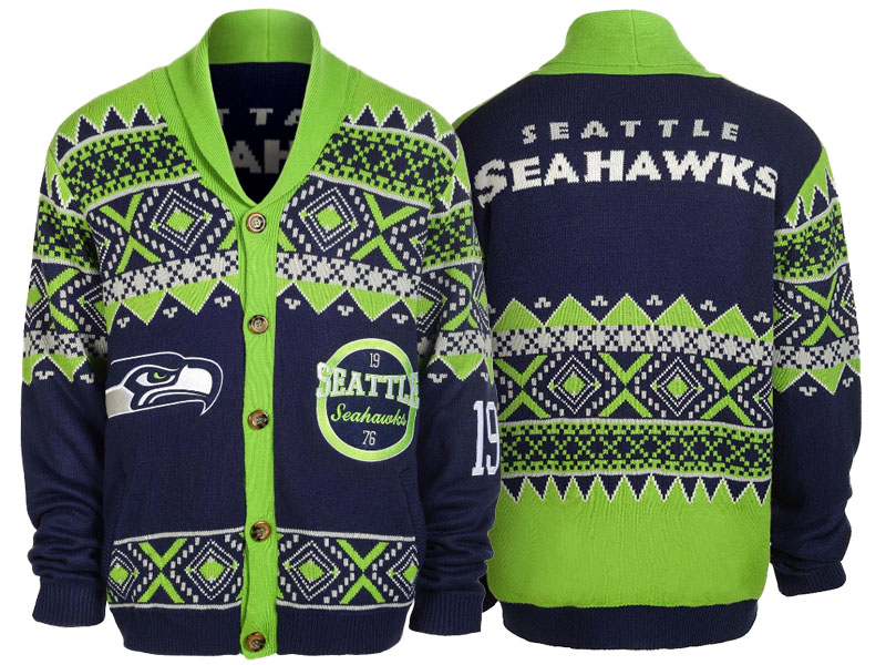 2016 Christmas Seattle Seahawks Green/Navy Ugly Sweater Holiday Cardigan