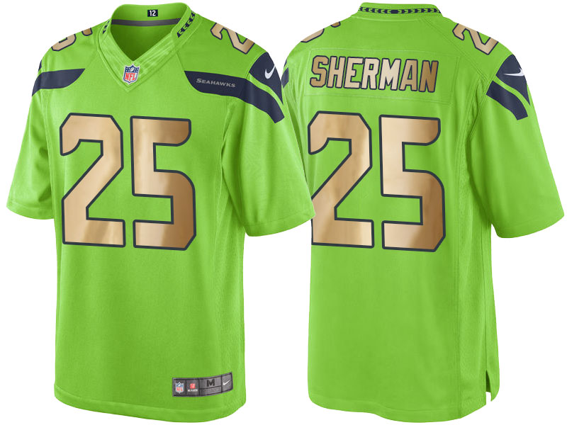 Seattle Seahawks #25 Richard Sherman Green Gold Special Color Rush Jersey