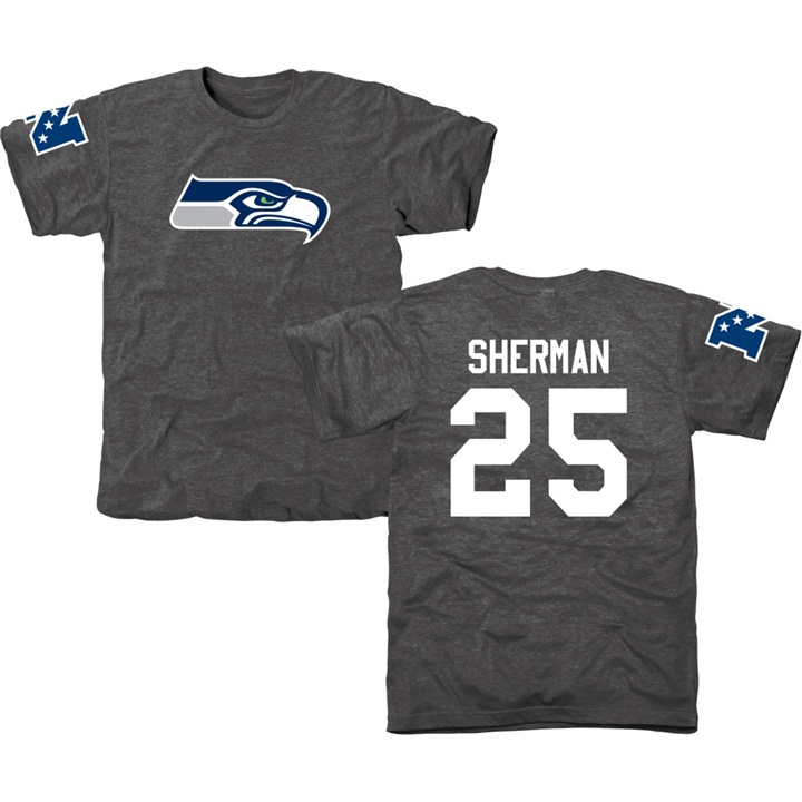 Seattle Seahawks #25 Richard Sherman Charcoal Name & Number Tri-Blend T-shirt