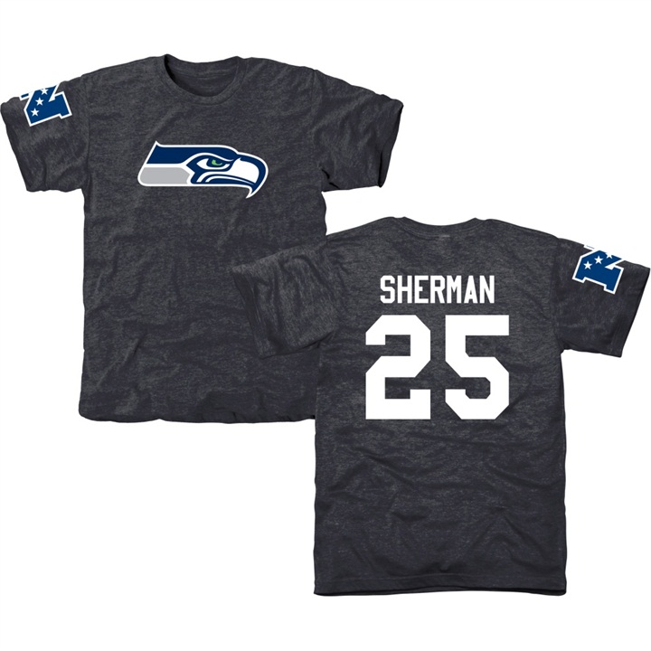 Seattle Seahawks #25 Richard Sherman Navy Name & Number Tri-Blend T-shirt