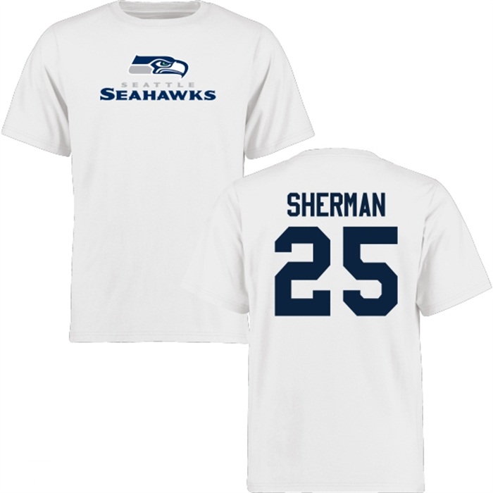 Seattle Seahawks #25 Richard Sherman White Name & Number Wordmark T-shirt