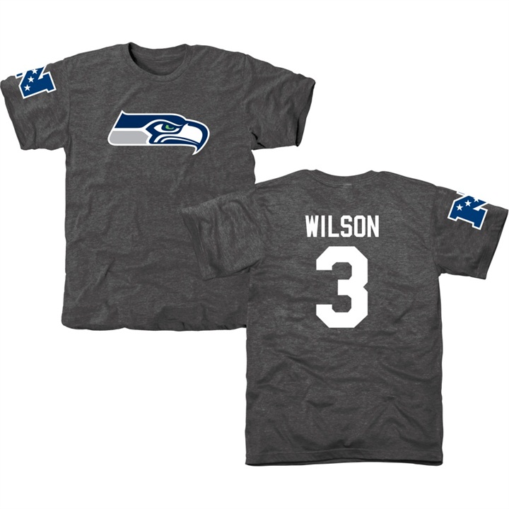 Seattle Seahawks #3 Russell Wilson Charcoal Name & Number Tri-Blend T-shirt