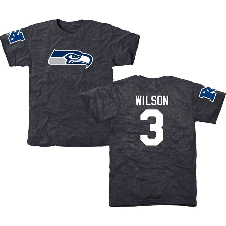 Seattle Seahawks #3 Russell Wilson Navy Name & Number Tri-Blend T-shirt