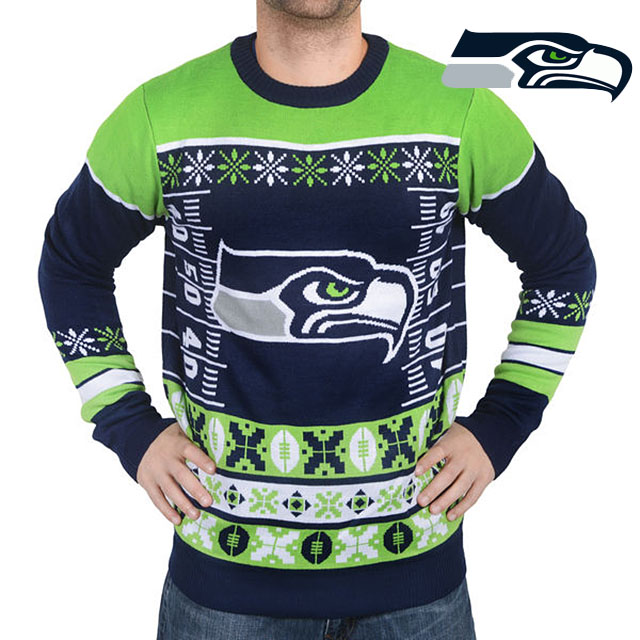 Seattle Seahawks Klew Navy & Green Thematic Crew Knit Ugly Sweater