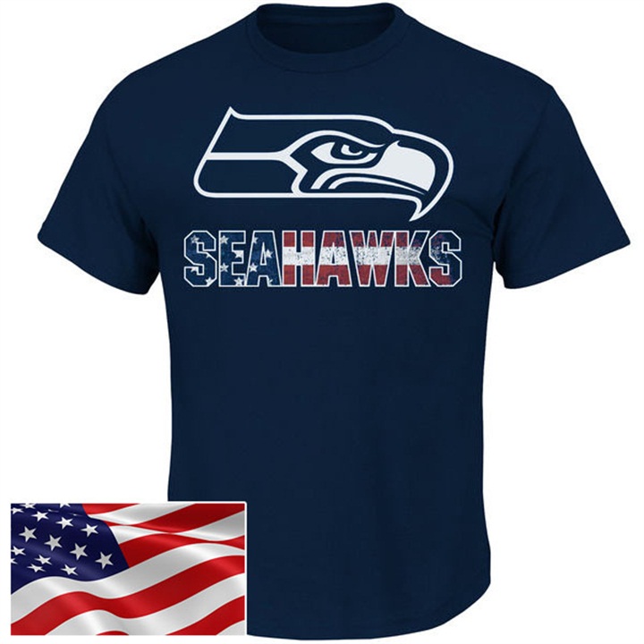 Seattle Seahawks Navy Banner Wave Majestic Independence Day Star & Stripes T-Shirt