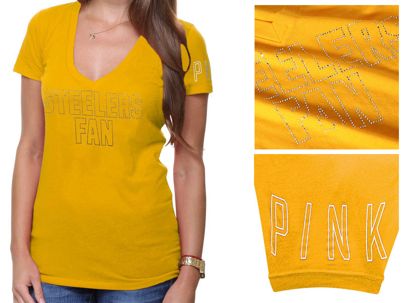 Women's Pittsburgh Steelers Gold Victoria's Secret PINK Rhinestone V-Neck T-Shirt