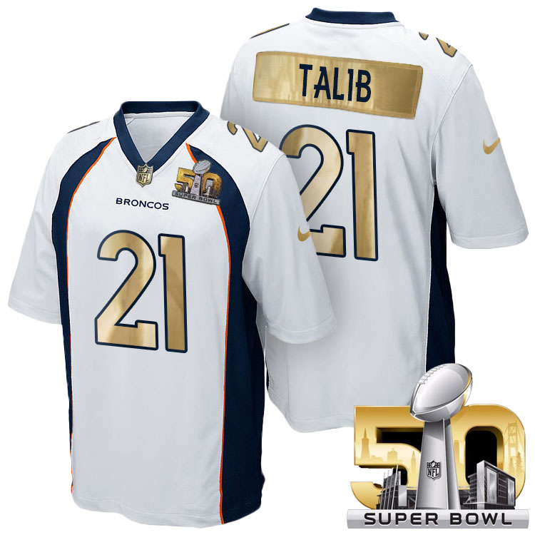 Denver Broncos #21 Aqib Talib White Super Bowl 50 Special Edition Golden Jersey