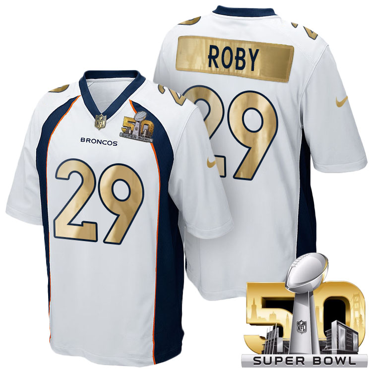 Denver Broncos #29 Bradley Roby White Super Bowl 50 Special Edition Golden Jersey