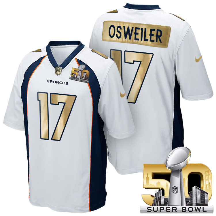 Denver Broncos #17 Brock Osweiler White Super Bowl 50 Special Edition Golden Jersey