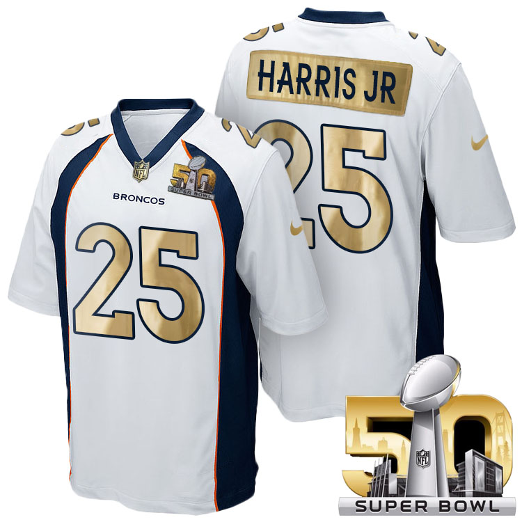 Denver Broncos #25 Chris Harris Jr White Super Bowl 50 Special Edition Golden Jersey