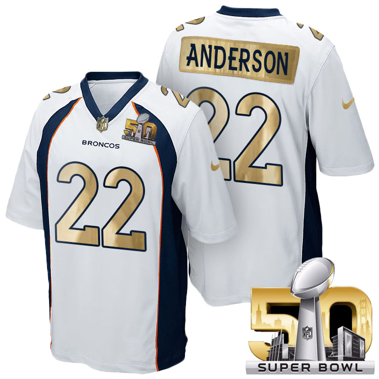 Denver Broncos #22 C.j. Anderson White Super Bowl 50 Special Edition Golden Jersey