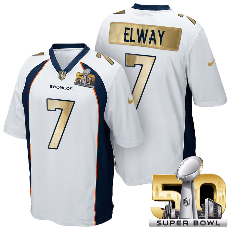 Denver Broncos #7 John Elway White Super Bowl 50 Special Edition Golden Jersey