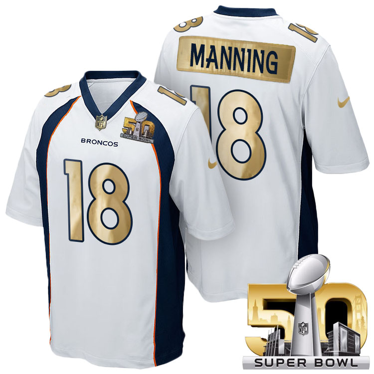 Denver Broncos #18 Peyton Manning White Super Bowl 50 Special Edition Golden Jersey