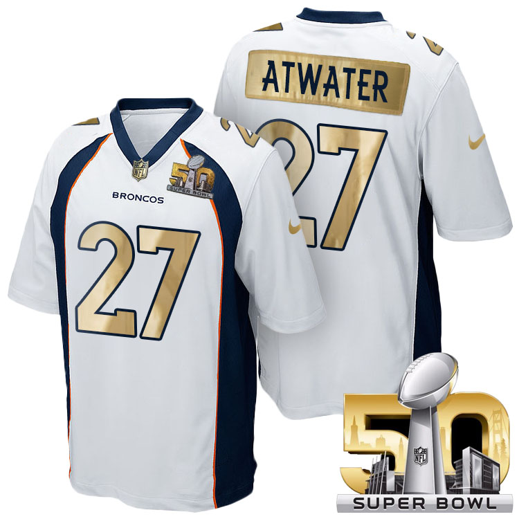 Denver Broncos #27 Steve Atwater White Super Bowl 50 Special Edition Golden Jersey