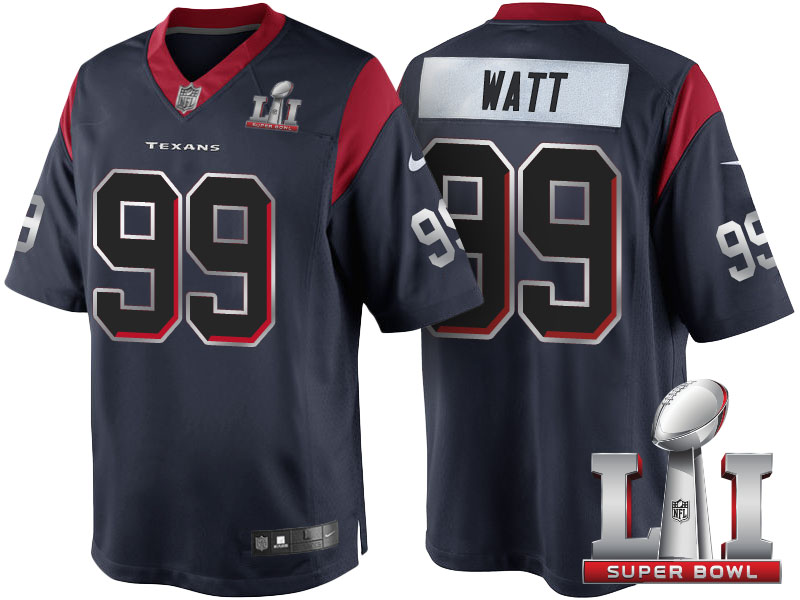 Houston Texans #99 J.J. Watt Navy Blue Super Bowl LI Silver Jersey