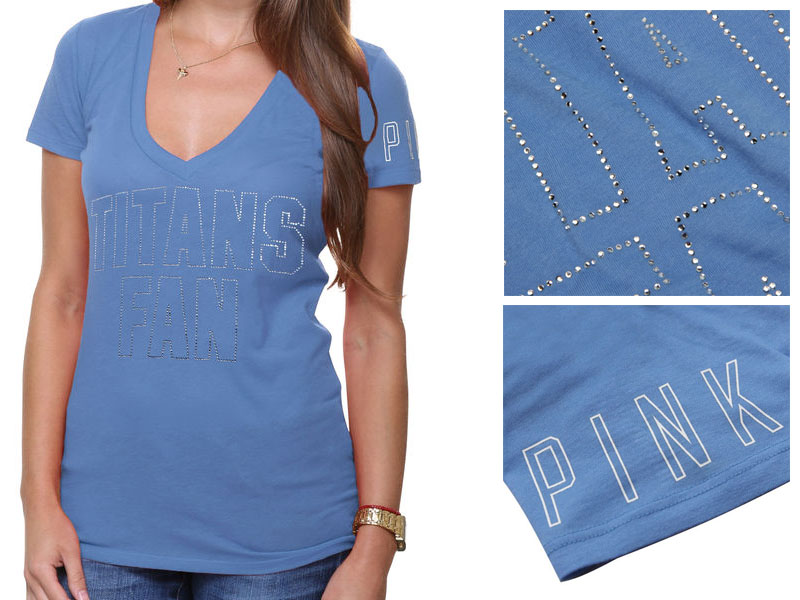 Women's Tennessee Titans Light Blue Victoria's Secret PINK Rhinestone V-Neck T-Shirt