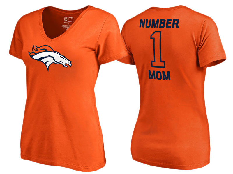 Women's Denver Broncos Orange #1 Mom V-Neck T-Shirt