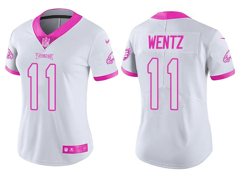 Women's Philadelphia Eagles #11 Carson Wentz White Pink Rush Fashion Jersey