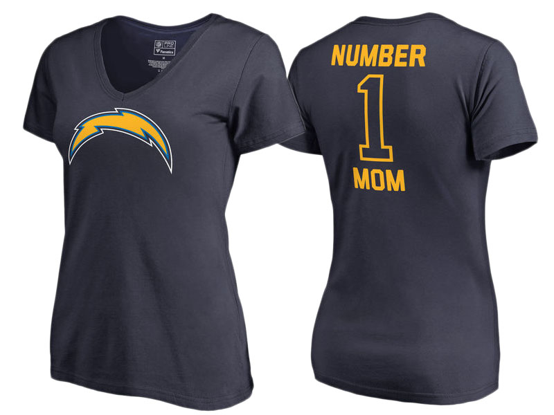 Women's Los Angeles Chargers Navy #1 Mom V-Neck T-Shirt