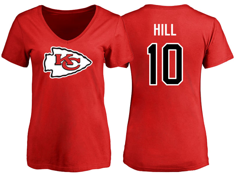 Women's Kansas City Chiefs #10 Tyreek Hill Red Pro Line Name & Number Logo T-Shirt