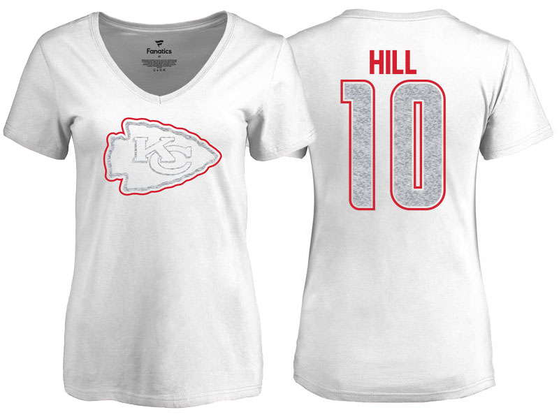 Women's Kansas City Chiefs #10 Tyreek Hill White Whiteout Name & Number T-Shirt