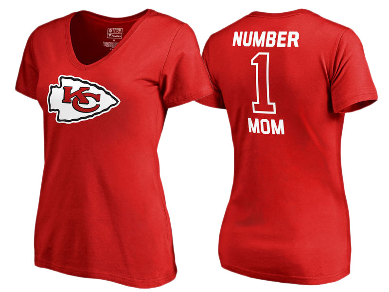 Women's Kansas City Chiefs Red #1 Mom V-Neck T-Shirt