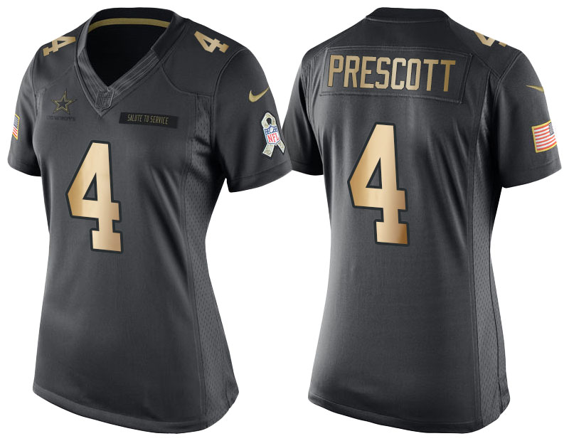 Women's Cowboys #4 Dak Prescott Anthracite Gold Special Edition Salute to Service Jersey