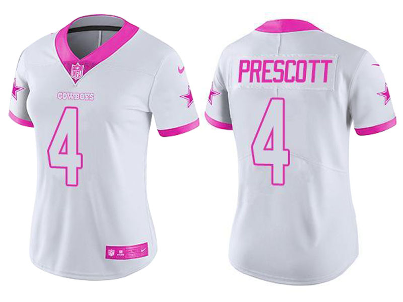 Women's Dallas Cowboys #4 Dak Prescott White Pink Rush Fashion Jersey