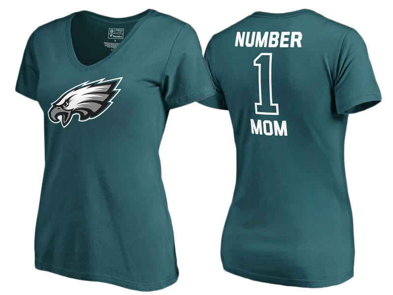 Women's Philadelphia Eagles Midnight Green #1 Mom V-Neck T-Shirt