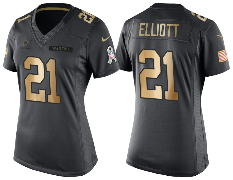 Women's Cowboys #21 Ezekiel Elliott Anthracite Gold Special Edition Salute to Service Jersey