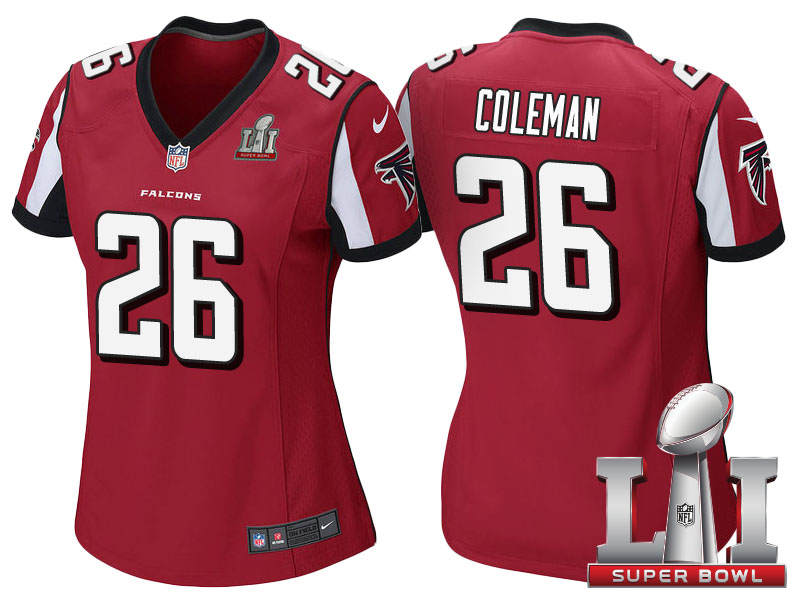 Women's Atlanta Falcons #26 Tevin Coleman Red 2017 Super Bowl LI Patch Game Jersey