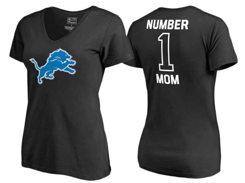 Women's Detroit Lions Black #1 Mom V-Neck T-Shirt